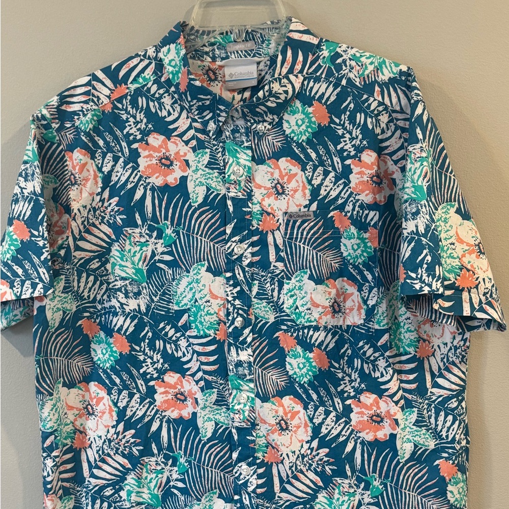 Columbia Button Down Cotton Shirt Mens L Floral Tropical Cruise Hawaiian